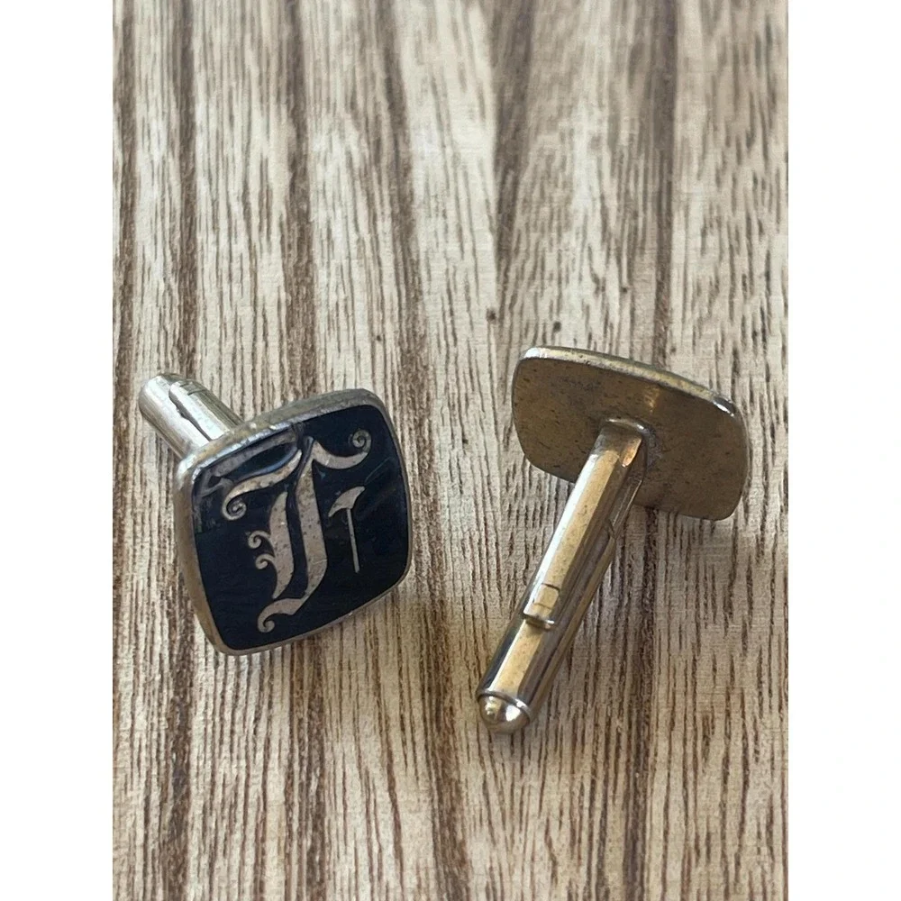 SALE Vintage Gold Tone Square‎ Cuff Links Black Initial F Collectible